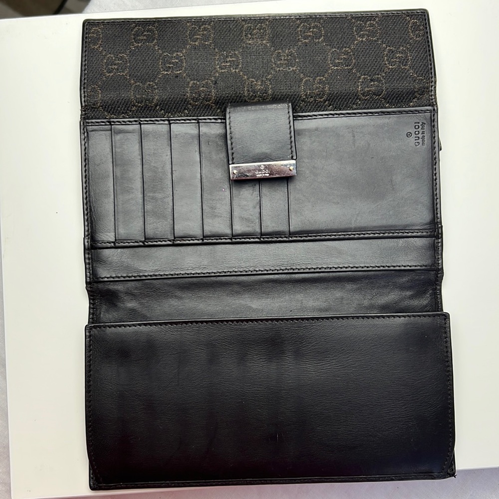 Auth. GUCCI GG Logo Canvas & Leather Long Bi-fold Wallet Brown Black Monogram - Picture 8 of 17
